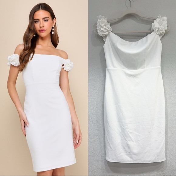 NWOT Lulus Pretty Presence White Off-the-Shoulder Floral Strap Mini Dress - Picture 1 of 9